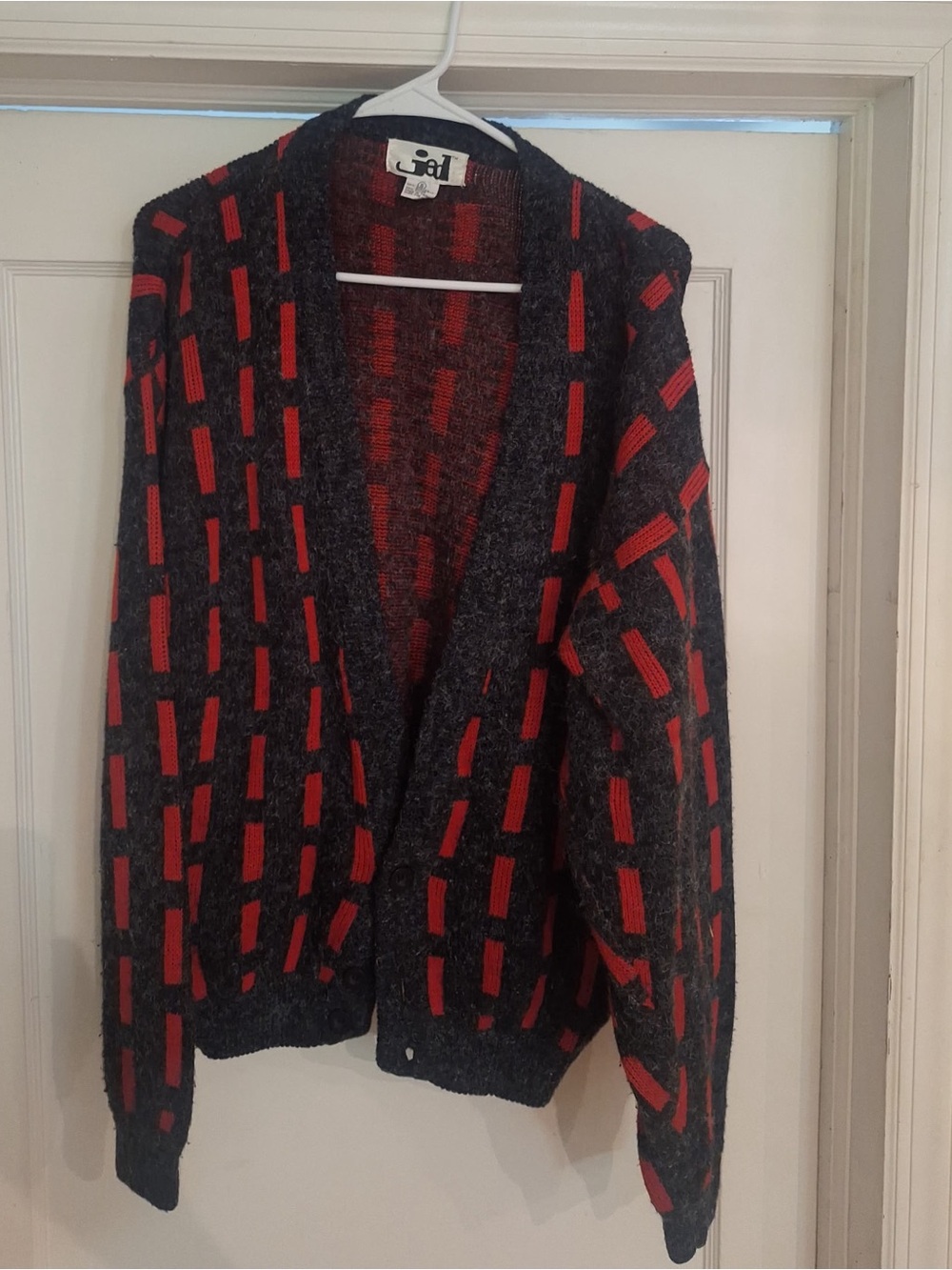 Vintage JED Cardigan Sweater Black Red Geometric Abstract Knit Made in USA